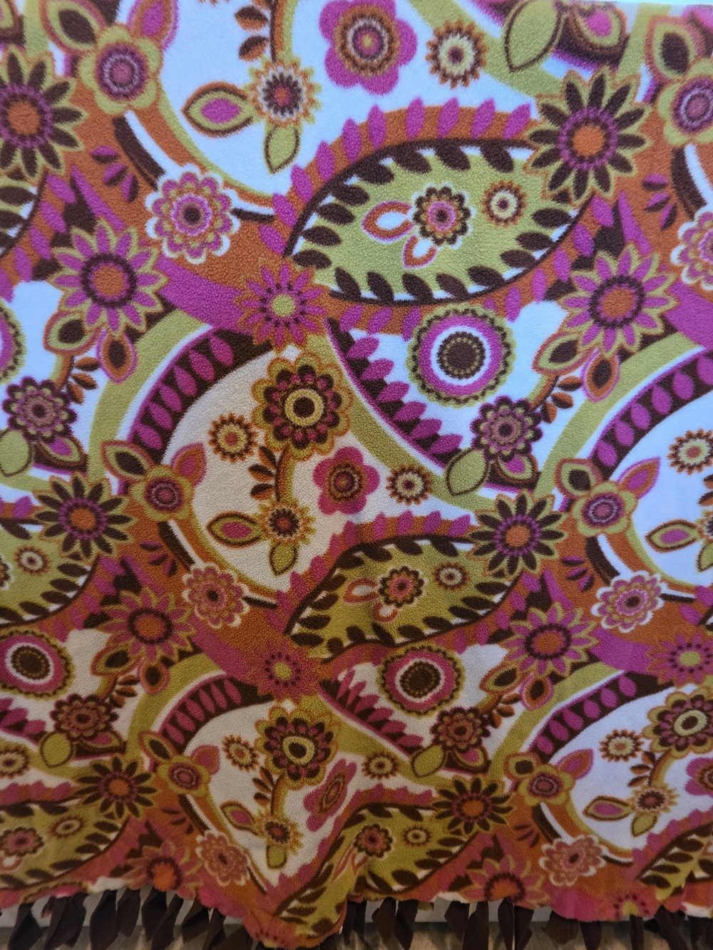 Floral Paisley Fleece Tie Blanket Pink Orange Green Brown Approx 56 x 63